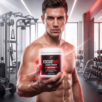 Muscular man holding a 'Focus Fuel' energy powder container in a gym setting